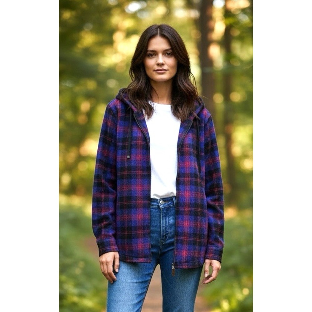 L.L.Bean Scotch Plaid Flannel Hoodie Shirt Full Zip Purple Red Size 1X